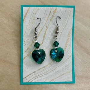 Elegant Sterling Silver & Teal Green Heart Austrian Crystal Drop Earrings